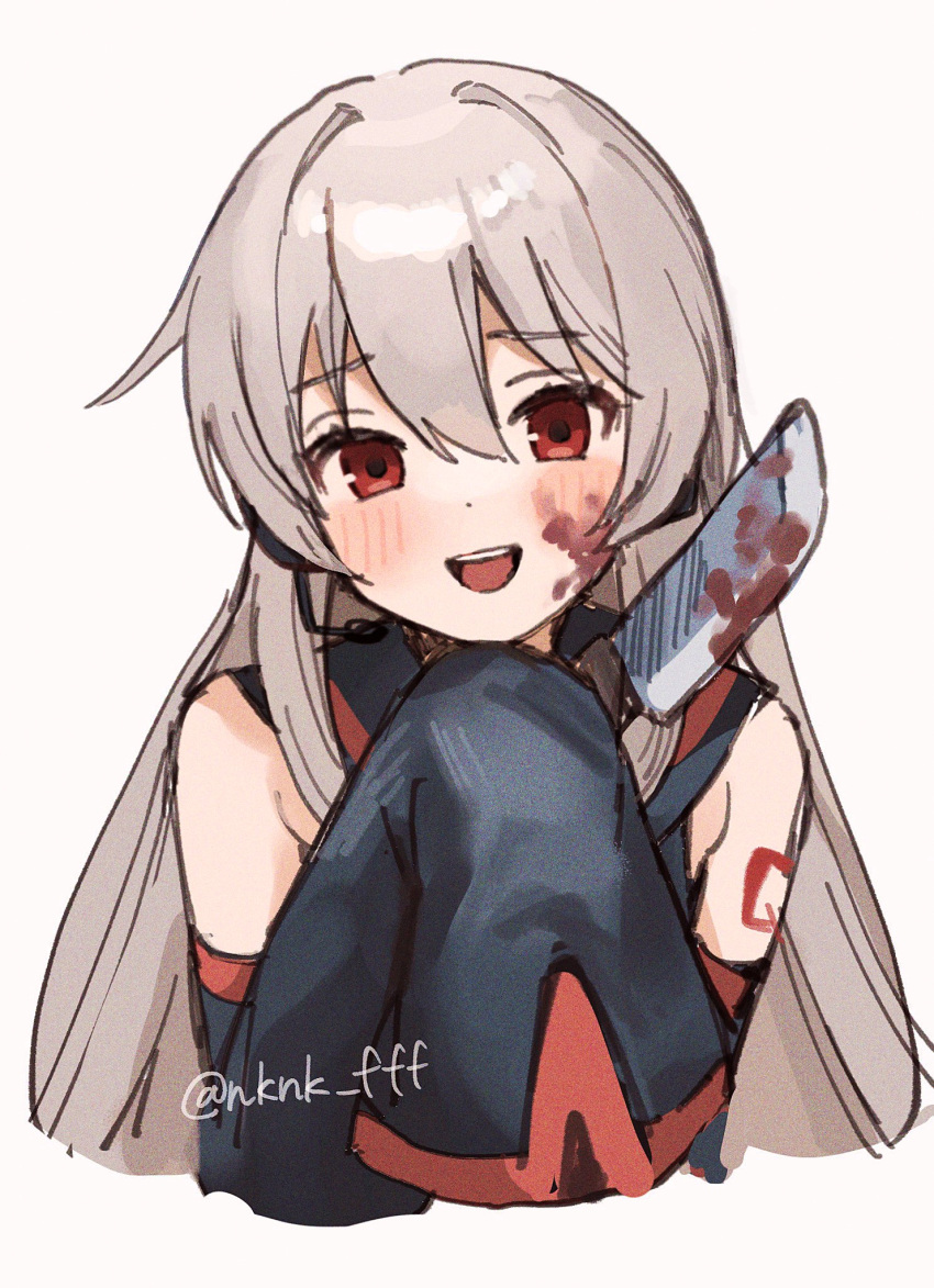 1girl blood blood_on_face blood_on_weapon blush cropped_torso detached_sleeves headphones headset highres holding holding_knife knife long_hair looking_at_viewer open_mouth sleeves_past_fingers sleeves_past_wrists smile solo sukone_tei tananuki utau weapon white_hair