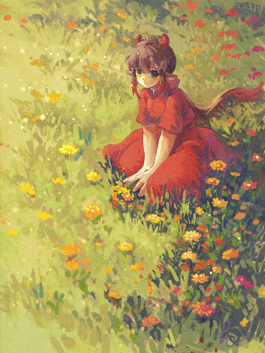 1girl ahoge between_legs brown_hair commentary day dress flower ge_dazuo grass green_eyes hand_between_legs highres horns long_hair looking_at_viewer meadow on_ground original outdoors red_dress red_flower red_horns short_sleeves signature sitting solo