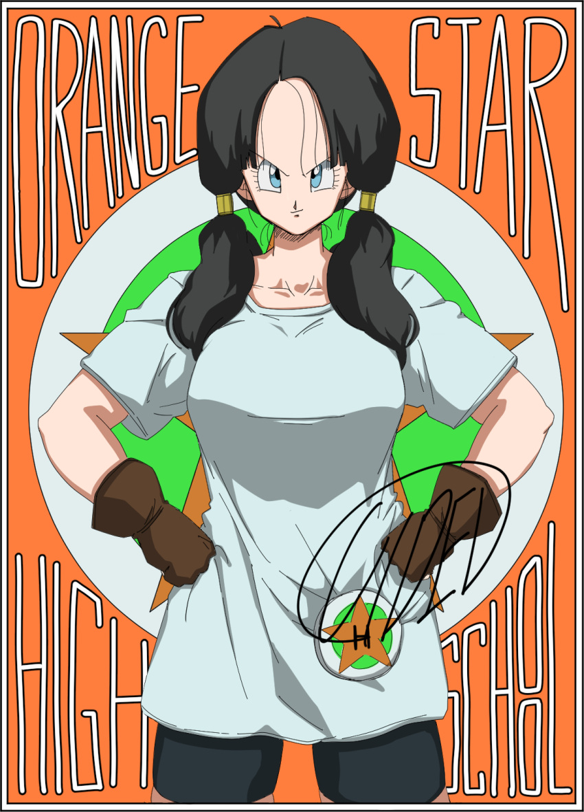 1girl bike_shorts black_hair blue_eyes breasts closed_mouth code_null collarbone dragon_ball dragon_ball_z gloves highres long_hair looking_at_viewer shirt smile solo twintails videl white_shirt