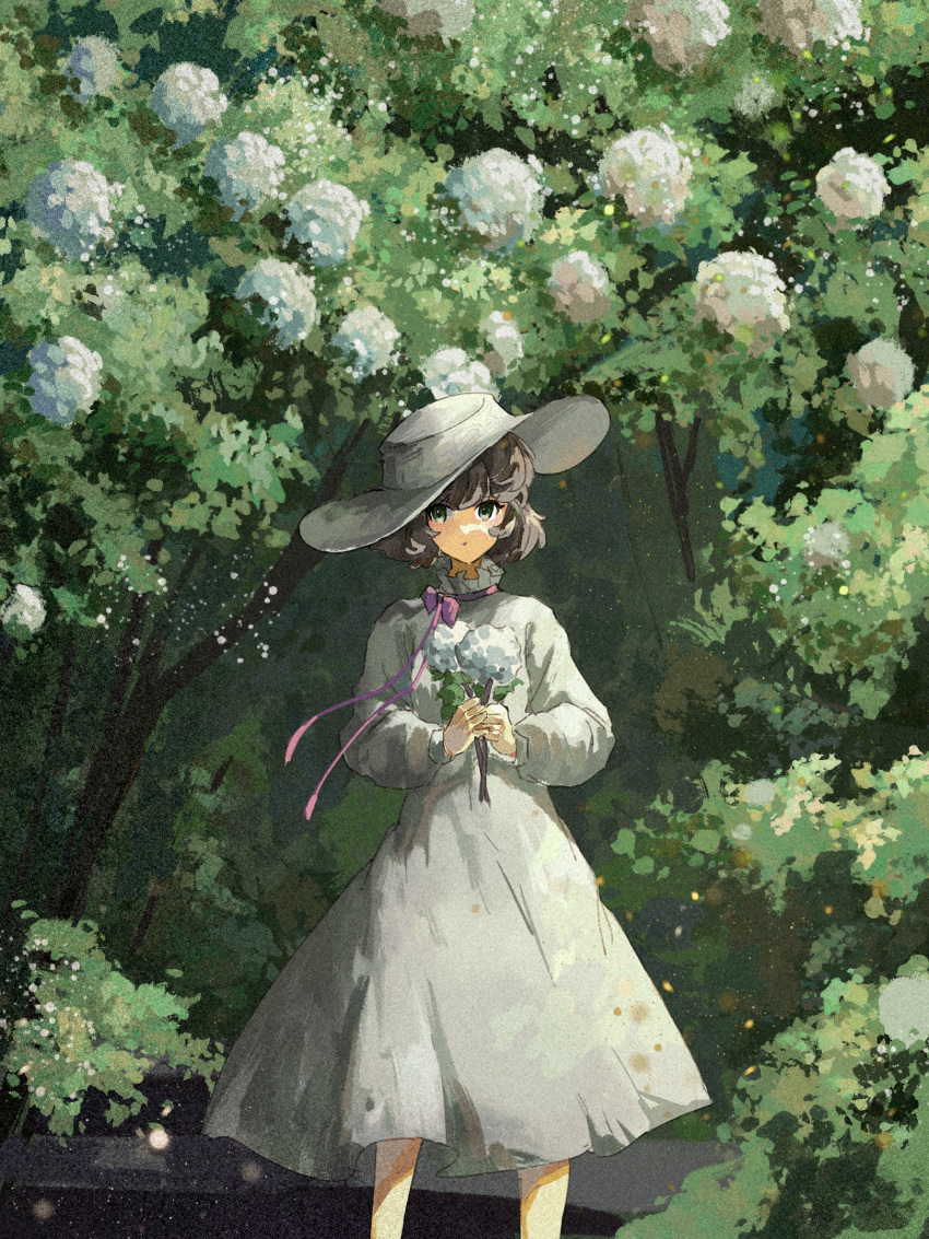 1girl brown_hair day dress feet_out_of_frame flower ge_dazuo green_eyes hat highres holding holding_flower long_sleeves looking_at_viewer neck_ribbon original outdoors pink_ribbon ribbon short_hair solo standing sun_hat tree white_dress white_flower white_hat