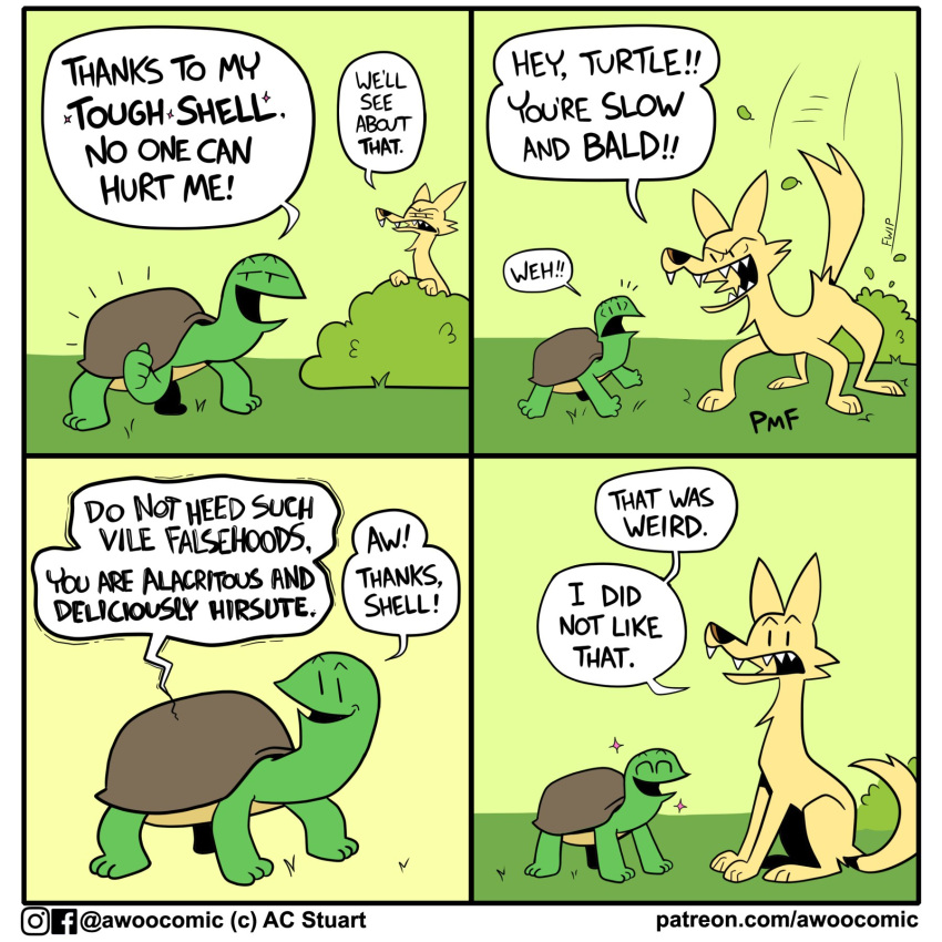 4_panel_comic ac_stuart ambiguous_gender awoo_(ac_stuart) brown_shell canid canine canis dialogue dot_eyes duo english_text fur green_body green_scales half-closed_eyes hi_res humor mammal narrowed_eyes open_mouth open_smile reptile scales scalie sharp_teeth shell simple_background smile sound_effects sparkles speech_bubble teeth text turtle wolf yellow_background yellow_body yellow_fur