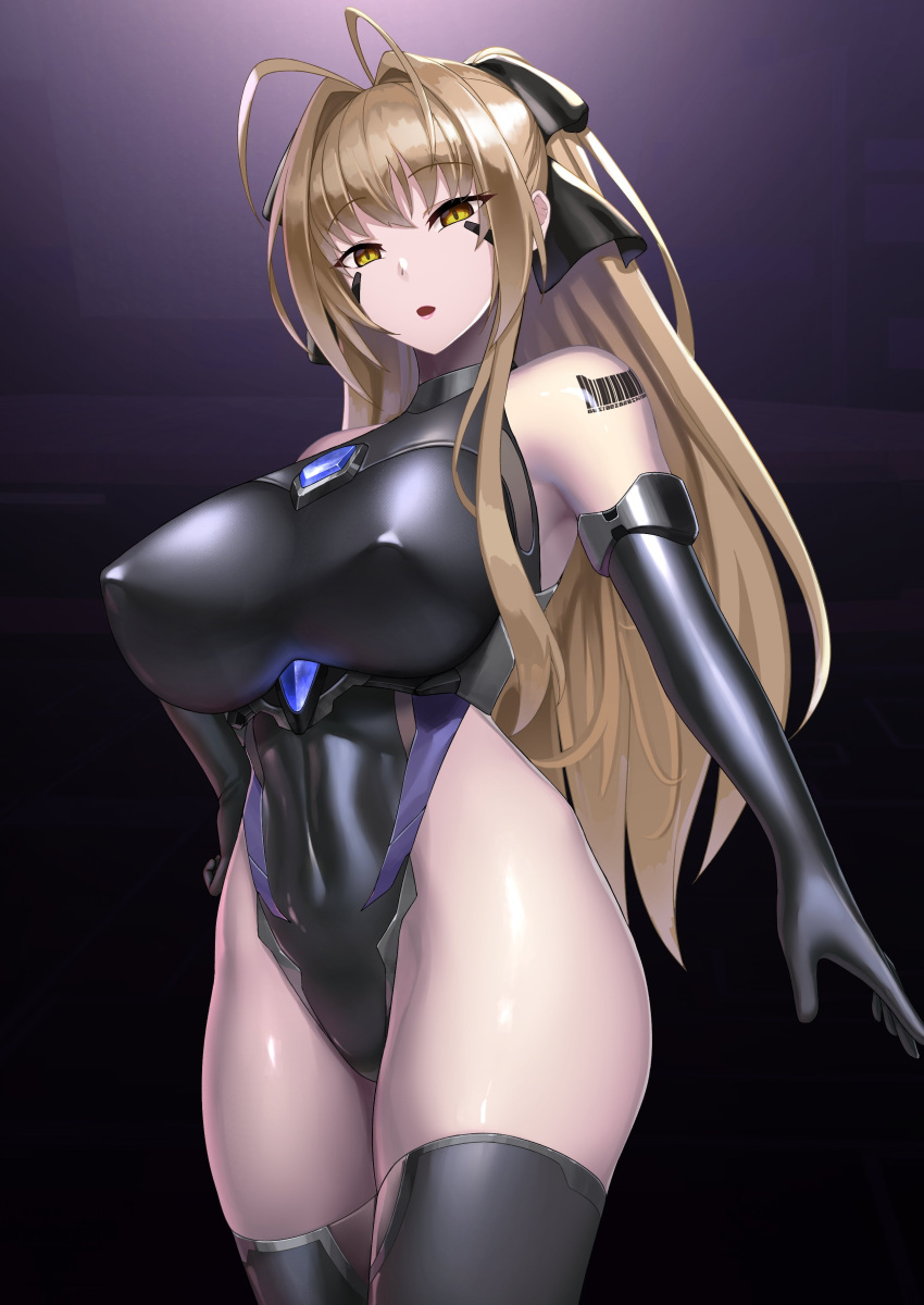 1girl absurdres amagi_brilliant_park antenna_hair barcode barcode_tattoo black_gloves black_leotard black_thighhighs blonde_hair breasts commentary_request covered_navel covered_nipples elbow_gloves empty_eyes facial_mark gloves gradient_background hair_intakes hair_ribbon hand_on_own_hip highleg highleg_leotard highres large_breasts leotard long_hair looking_at_viewer miyashiro_ryuutarou ribbon sento_isuzu solo tattoo thighhighs yellow_eyes