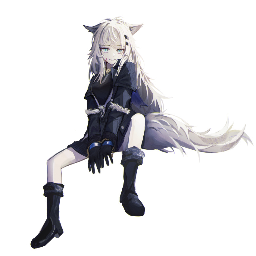 1girl absurdres animal_ears arknights black_gloves blue_eyes boots evil_grin evil_smile full_body gloves grey_hair grey_tail grin highres kotowaza lappland_(arknights) lappland_(refined_horrormare)_(arknights) long_hair scar scar_across_eye simple_background sitting skull smile solo tail white_background wolf_ears wolf_girl wolf_tail