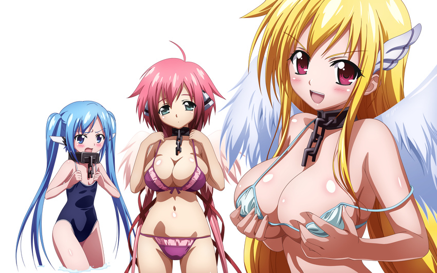 astraea bikini blonde_hair blue_hair cleavage collar ikaros nymph redhead sora_no_otoshimono swimsuit transparent vector watanabe_yoshihiro water wings