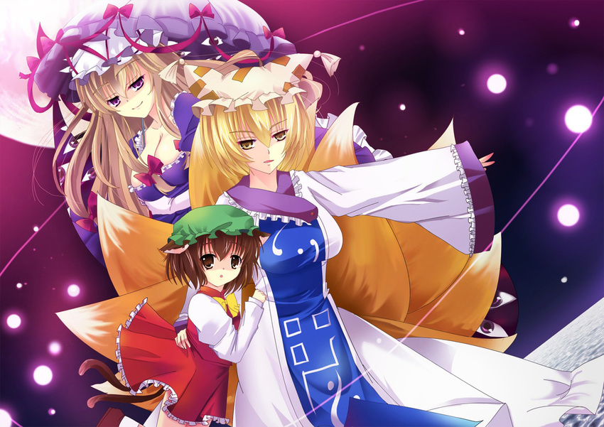 animal_ears blonde_hair bow breasts brown_eyes brown_hair cat_ears cat_tail chen cleavage eyes fox_tail gap hair_bow hat hat_ribbon hug large_breasts long_hair multiple_girls multiple_tails natsumikan ribbon short_hair tail touhou umbrella yakumo_ran yakumo_yukari yellow_eyes