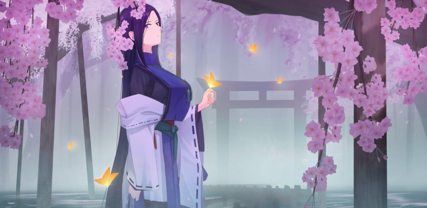 1girl breasts bug butterfly butterfly_on_hand cherry_blossoms closed_mouth clothing_request commentary_request highres japanese_clothes kis_sako large_breasts long_hair looking_at_viewer original outdoors purple_eyes purple_hair scenery solo tagme very_long_hair
