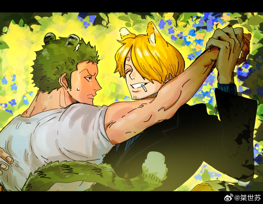 2boys ^_^ animal_ears blonde_hair cat_boy cat_ears cat_tail cigarette closed_eyes couple dancing forest green_hair happy highres kemonomimi_mode male_focus mrjieshisu multiple_boys nature official_style one_piece roronoa_zoro sanji_(one_piece) short_hair sweatdrop tail tiger_boy tiger_ears tiger_tail toned toned_male yaoi