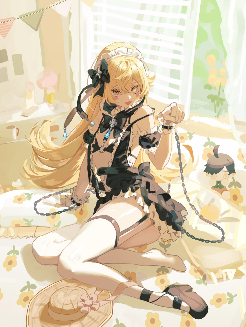 1girl absurdres alternate_costume araragi_koyomi arm_garter arm_support belt black_bow black_bowtie black_bra black_footwear black_skirt blanket blonde_hair blush_stickers bow bowtie bra breasts chain character_doll chinese_commentary commentary_request crossed_bangs curtains fang floral_print frilled_hairband frilled_skirt frills from_above full_body garter_straps hair_bow hairband hand_up hat highres long_hair looking_at_viewer maid_headdress monogatari_(series) o-ring_bra open_mouth oshino_shinobu paw_pose shoes single_shoe sitting skirt small_breasts solo sun_hat thighhighs underwear unworn_hat unworn_headwear white_hairband white_thighhighs wrist_cuffs yangyang_zai yellow_eyes yokozuwari