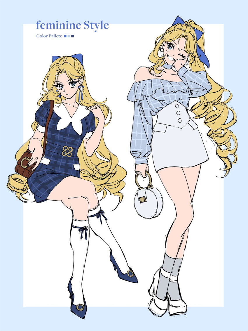 1girl alternate_costume bag blonde_hair blue_bow blue_choker blue_eyes blush bow choker color_guide dress drill_hair earrings english_text fashion frills gingham_dress hair_bow hair_ornament handbag high_heels highres holding holding_bag jewelry kneehighs long_hair long_sleeves looking_at_viewer moya_(toatomoot) one_eye_closed original parted_bangs pearl_earrings ponytail short_dress short_sleeves shoulder_bag sidelocks simple_background smile socks solo very_long_hair white_background white_socks