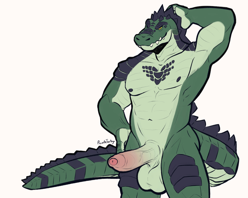 abs absurd_res alligatorid anthro balls big_balls crocodilian erection fingers genitals hi_res huge_balls humanoid_genitalia humanoid_penis male muscular nipples nude penis picantetortuga presenting reptile scales scalie simple_background solo tail teeth