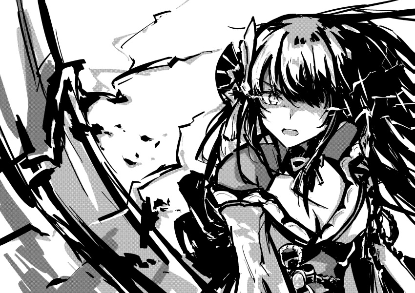 1girl absurdres breasts electricity genshin_impact hair_ornament halftone highres japanese_clothes monochrome open_mouth raiden_shogun sen_jin_chen sketch v-shaped_eyebrows weapon