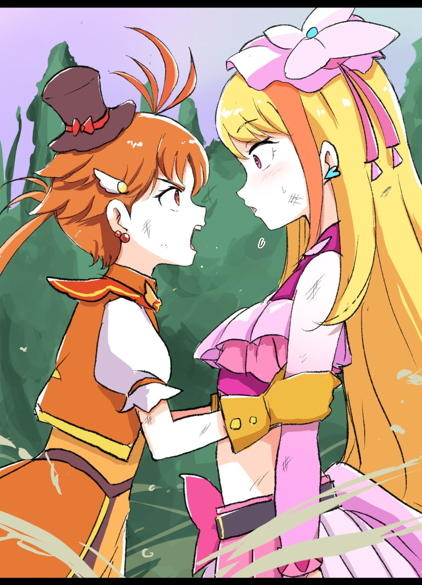 1boy 1girl ahoge bare_shoulders belt blonde_hair crop_top cure_butterfly cure_wing earrings gloves hat highres hijiri_ageha hirogaru_sky!_precure jewelry long_hair magical_boy magical_girl mini_hat mini_top_hat multicolored_hair open_mouth orange_eyes orange_hair orange_vest outdoors pink_eyes pink_skirt precure puffy_short_sleeves puffy_sleeves short_sleeves skirt striped_hair top_hat two-tone_hair uraki vest yellow_gloves yuunagi_tsubasa