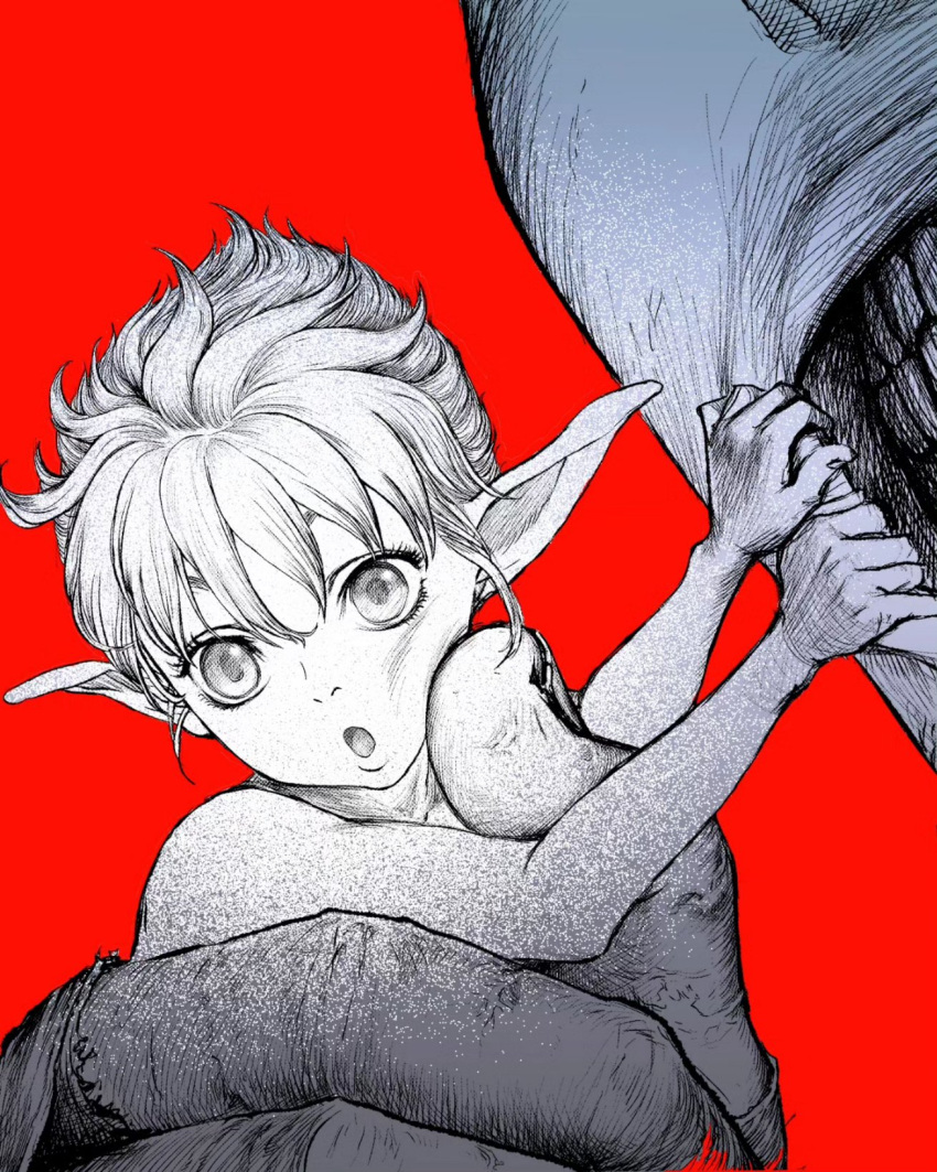 2boys berserk clenched_teeth commentary greyscale_with_colored_background highres holding male_focus mini_person miniboy multiple_boys nisino2222 pointy_ears puck_(berserk) red_background teeth