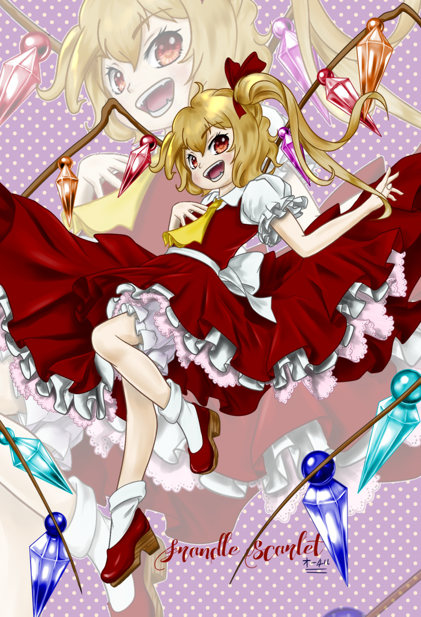 1-05 1girl back_bow blonde_hair bloomers bow brown_fur character_name crystal flandre_scarlet hair_between_eyes hair_bow hand_on_own_chest highres long_hair multicolored_wings one_side_up open_mouth petticoat puffy_short_sleeves puffy_sleeves purple_background red_bow red_eyes red_footwear red_skirt red_vest shirt short_sleeves skirt skirt_set socks solo teeth touhou vest white_bloomers white_bow white_shirt white_socks wings zoom_layer