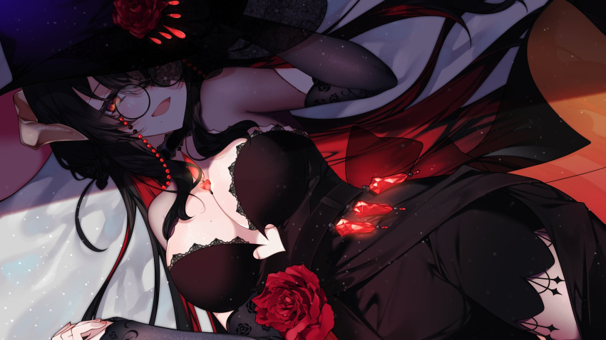 1girl belt beryl_bijoux black_belt black_hair black_sleeves breasts colored_inner_hair dress floral_print flower glasses highres hk45_x horns indie_virtual_youtuber large_breasts long_hair mole mole_on_breast mole_under_mouth multicolored_hair open_mouth red_flower red_hair red_rose rose rose_print round_eyewear second-party_source solo strapless strapless_dress virtual_youtuber