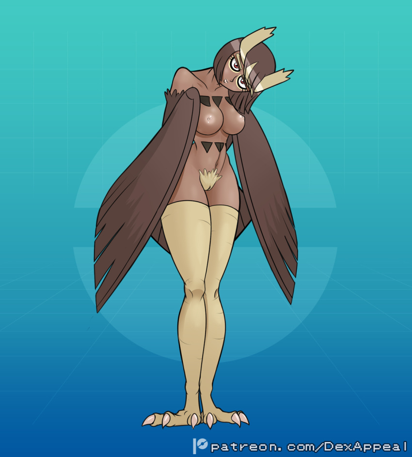 animal_humanoid avian avian_feet avian_humanoid bird bird_humanoid breasts brown_body brown_hair claws dark_body dark_skin dex_appeal european_mythology eyeliner feathered_wings feathers feet female generation_2_pokemon genitals greek_mythology hair harpy head_tilt hi_res humanoid looking_at_viewer makeup monster_girl_(genre) mythological_avian mythological_creature mythology nintendo nipples noctowl nude owl_humanoid pokemon pokemon_(species) pubes pussy simple_background solo standing tail tail_feathers talons tan_nipples toes wings wings_folded