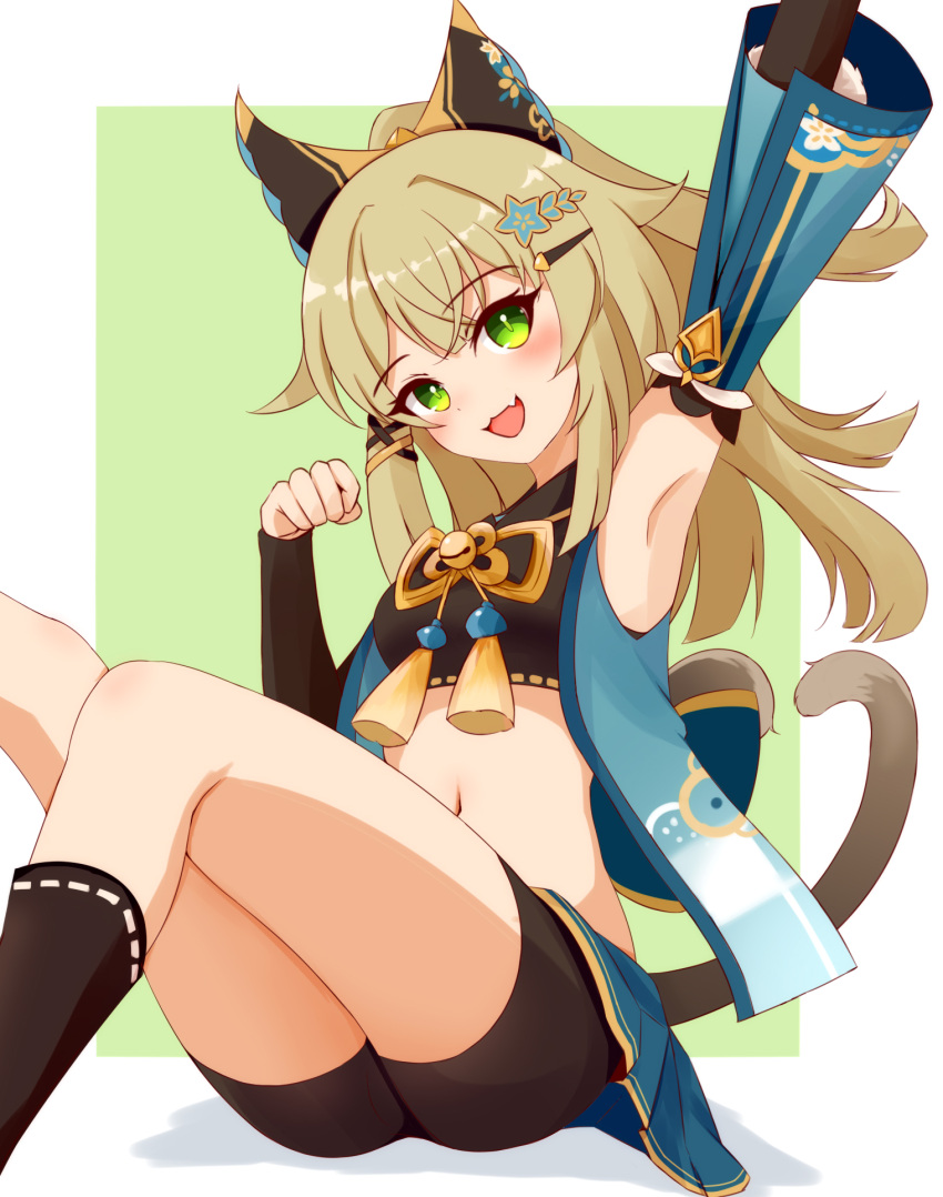 2023 5_fingers :3 accessory athletic_wear ayatori blonde_hair blue_bottomwear blue_clothing blue_skirt blush blush_lines bottomwear bow_accessory bow_ribbon bra cat_tail clothing digital_media_(artwork) female fingers fist genshin_impact green_eyes gym_bottomwear gym_shorts hair hair_accessory hairpin hi_res humanoid kirara_(genshin_impact) long_hair mihoyo navel open_mouth pupils raised_arm shorts simple_background sitting skirt slit_pupils smile sports_bra twintails_(disambiguation) underwear white_background