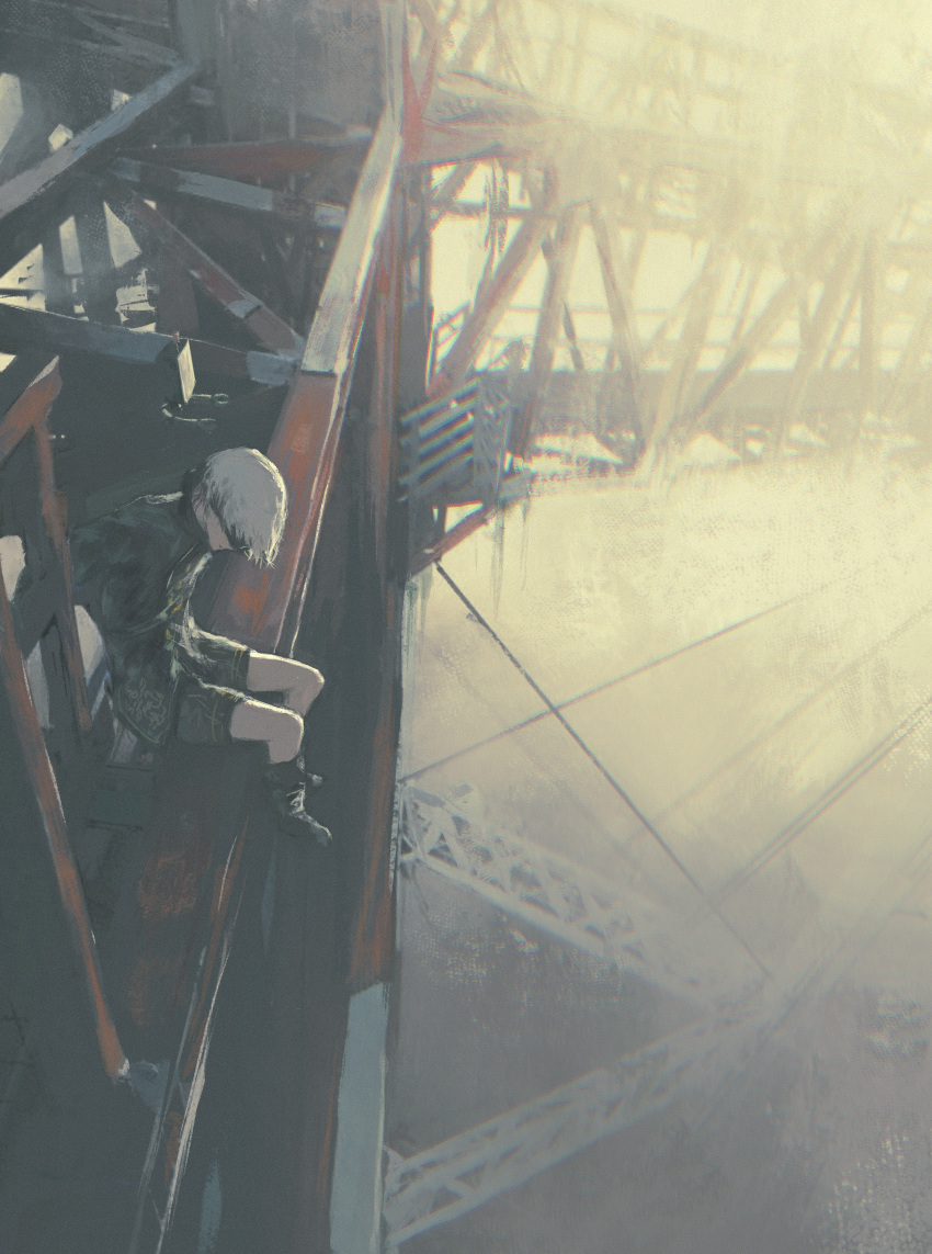 1boy 9s_(nier:automata) absurdres black_blindfold black_footwear black_jacket black_shorts blindfold covered_eyes from_above highres i-beam jacket nier:automata nier_(series) shiej007 short_hair shorts sitting steel_beam white_hair