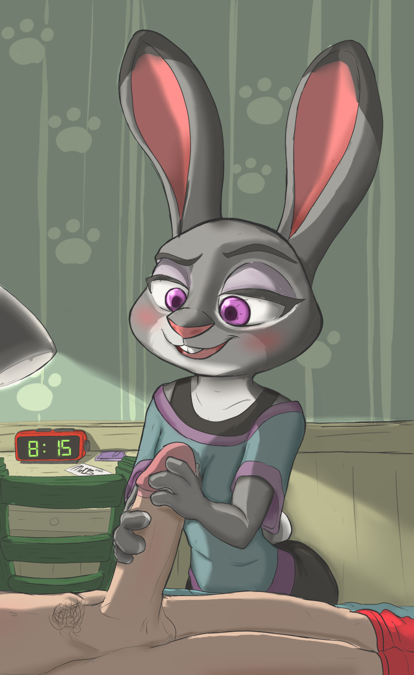 absurd_res anthro balls bed bedroom_eyes blush clock clothing desk disney female furniture genitals handjob hi_res human inside judy_hopps lagomorph lamp leporid male male/female mammal narrowed_eyes nickofthebra night penile penis rabbit seductive sex smile solo table zootopia