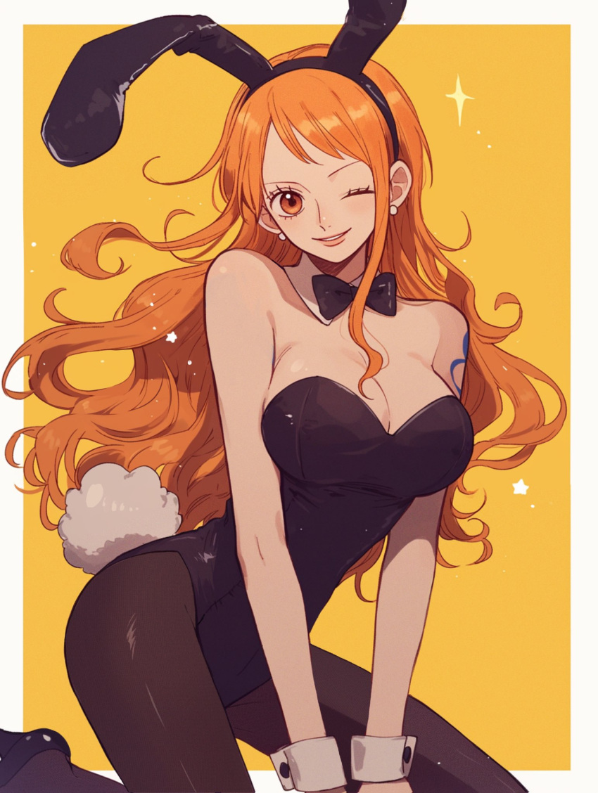 1girl animal_ears black_leotard bow bowtie detached_collar fake_animal_ears fake_tail highleg highleg_leotard highres kurage20001 leotard nami_(one_piece) one_eye_closed one_piece orange_eyes orange_hair pantyhose playboy_bunny rabbit_ears rabbit_tail smile strapless strapless_leotard tail wrist_cuffs