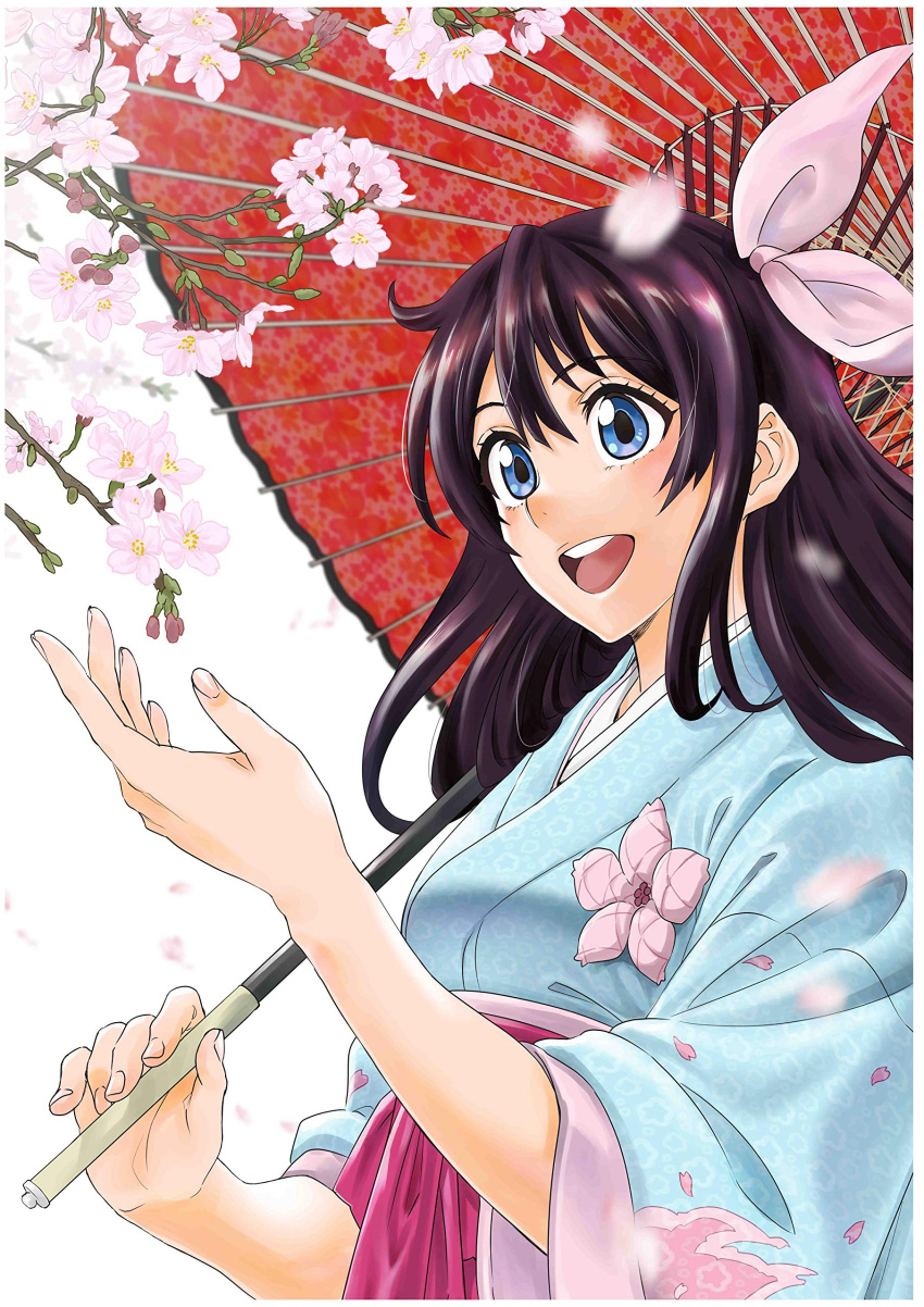 1girl absurdres amamiya_sakura blue_eyes blue_kimono branch brown_hair bud cherry_blossoms collar falling_petals floral_print_kimono floral_print_sleeves flower flower_on_breast hair_between_eyes hakama happy highres holding holding_umbrella japanese_clothes kimono looking_at_object loose_hair_strand name_connection nose object_namesake official_art oil-paper_umbrella open_mouth parasol petals pink_flower pink_ribbon red_hakama ribbon sakura_taisen sega shin_sakura_taisen sidelocks simple_background teeth third-party_source umbrella upper_body upper_teeth_only white_background white_collar