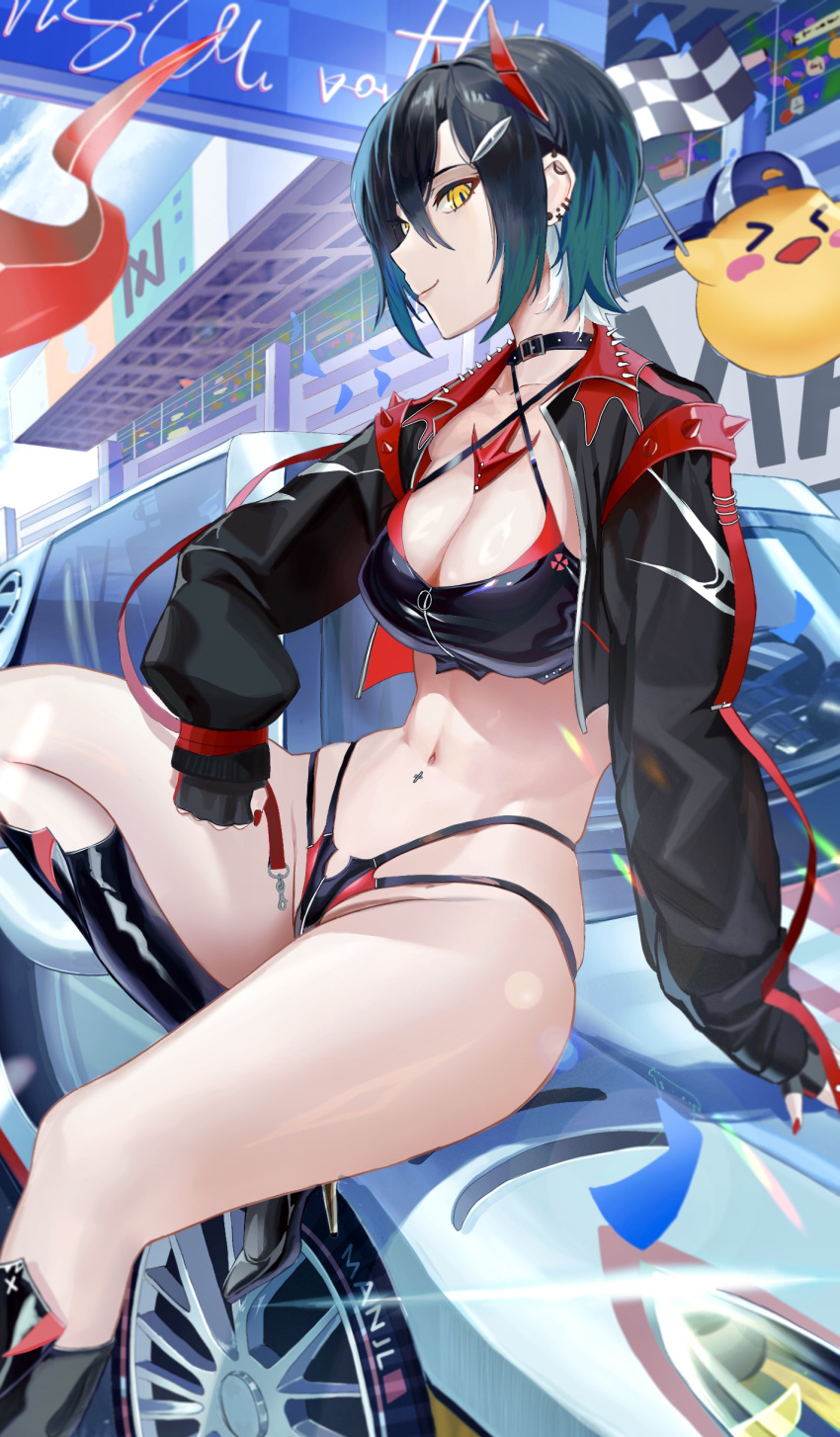 &gt;_&lt; 1girl absurdres aqua_hair arm_support azur_lane backwards_hat bikini bird black_bikini black_footwear black_gloves black_hair black_jacket blue_sky boots breasts car checkered_flag chick choker cleavage closed_mouth cloud collarbone commentary criss-cross_halter crotch_zipper day ear_piercing fingerless_gloves flag gloves hair_between_eyes hair_ornament hairclip halterneck hat highres holding holding_flag horns jacket knee_boots long_sleeves looking_at_viewer manjuu_(azur_lane) mechanical_horns medium_breasts motor_vehicle multicolored_hair nail_polish navel navel_piercing official_alternate_costume outdoors pannko6216 piercing profile race_queen racetrack red_horns red_nails shadow short_hair sidelocks sitting sitting_on_car sky slit_pupils smile solo_focus spiked_choker spikes stomach swimsuit ulrich_von_hutten_(azur_lane) ulrich_von_hutten_(ignition_matrician)_(azur_lane) yellow_eyes zipper zipper_bikini