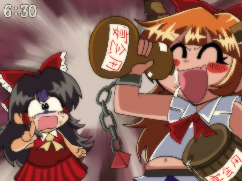 1990s_(style) 2girls :d ^_^ alcohol angry ascot black_eyes black_hair blush bow bowtie brown_horns chain closed_eyes collared_shirt commentary_request cowboy_shot drunk fang frilled_bow frills gourd hair_bow hair_tubes hakurei_reimu highres horns ibuki_suika long_hair miwijag1997 multiple_girls open_mouth orange_hair red_bow red_bowtie red_shirt red_skirt retro_artstyle shirt sidelocks skin_fang skirt skirt_set sleeveless sleeveless_shirt smile touhou v-shaped_eyebrows white_shirt x_navel yellow_ascot