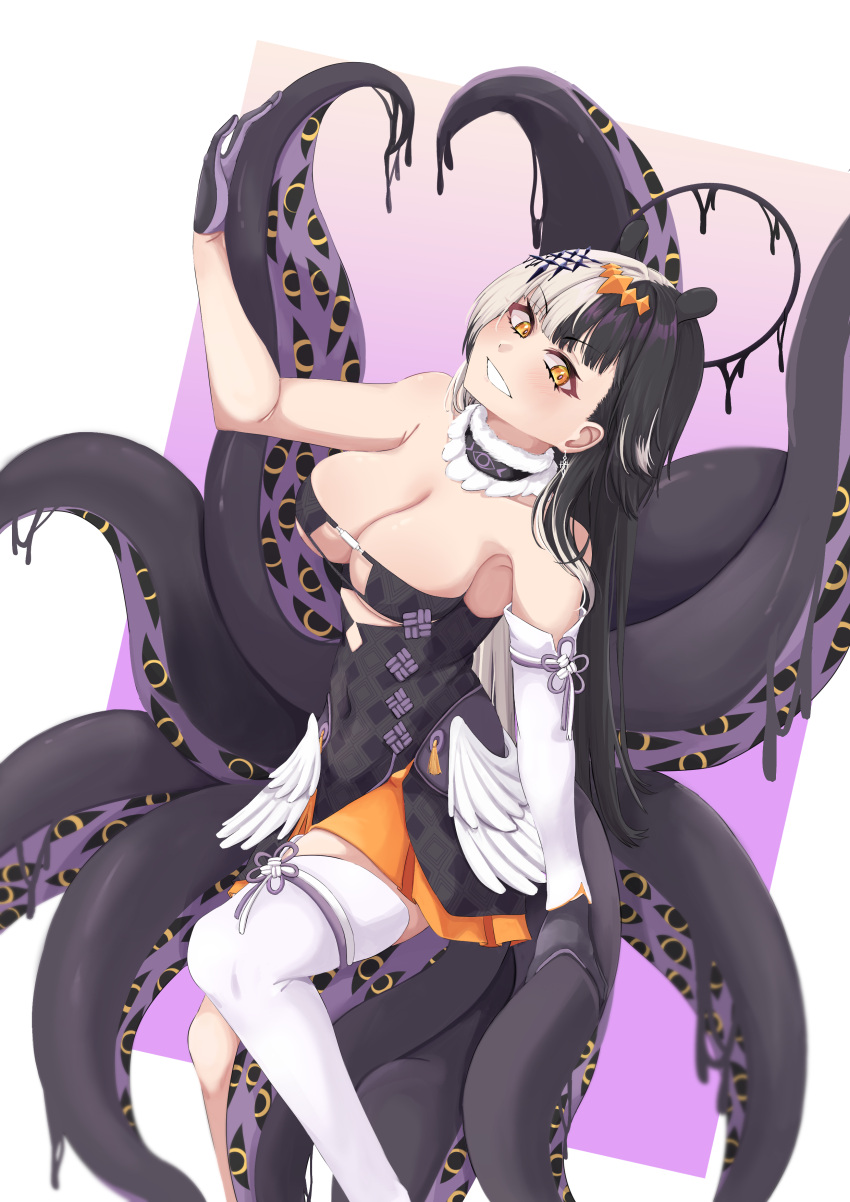 1girl absurdres arm_up armpits bare_arms bare_shoulders black_hair breasts choker cosplay covered_navel dangle_earrings detached_sleeves dress earrings fur-trimmed_choker fur_trim gloves grey_hair hair_ornament halo highres hololive hololive_english jewelry long_hair looking_at_viewer medium_breasts mmneko multicolored_hair ninomae_ina'nis ninomae_ina'nis_(1st_costume) ninomae_ina'nis_(cosplay) orange_eyes shiori_novella short_dress single_sleeve single_thighhigh smile solo split-color_hair strapless strapless_dress tentacles thighhighs transparent_background tube_dress very_long_hair virtual_youtuber