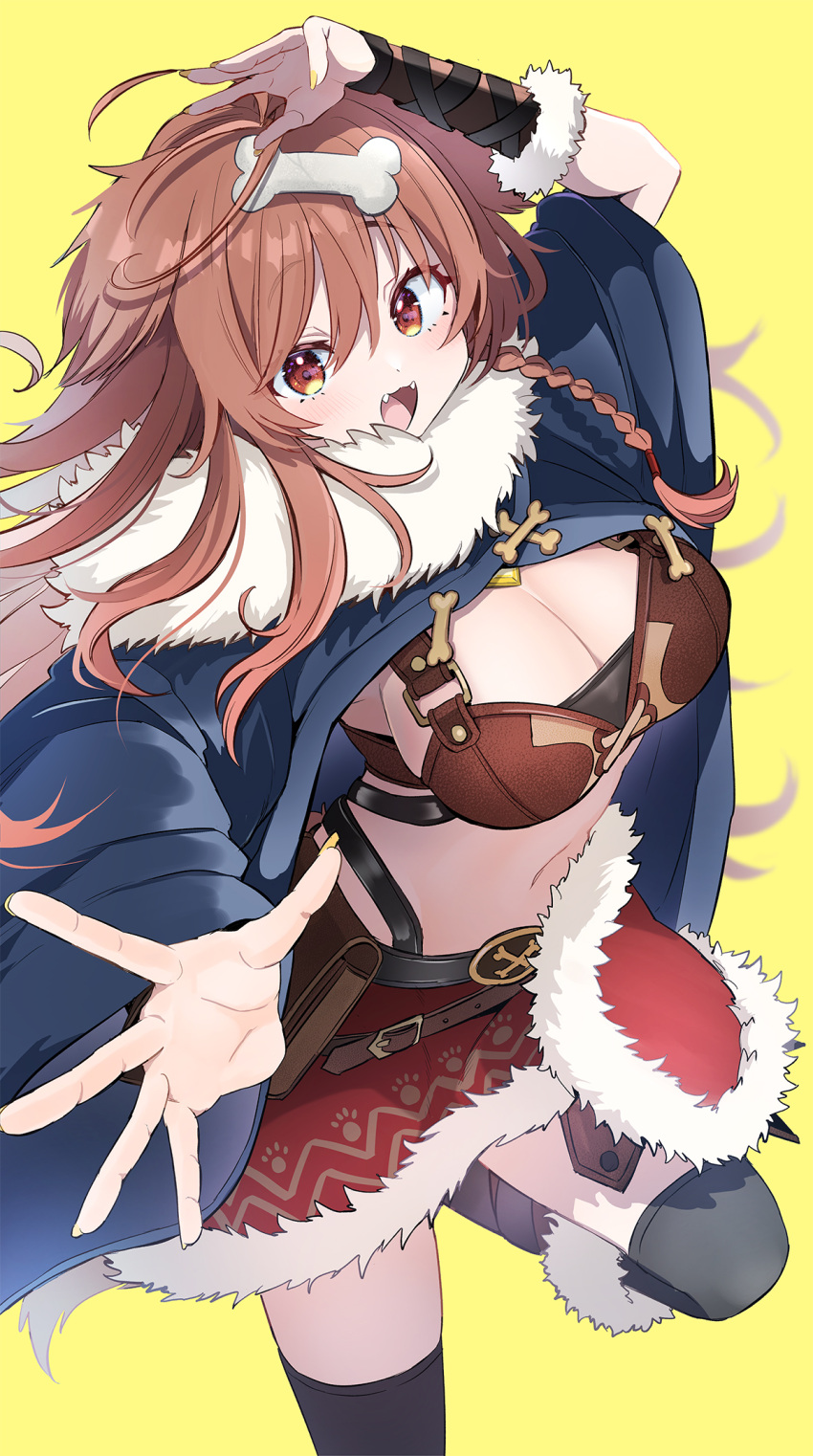 1girl ahoge animal_ear_fluff animal_ears arm_up armor belt belt_pouch bikini bikini_armor black_thighhighs blue_poncho bone_hair_ornament bracer braided_sidelock breasts brown_bikini brown_eyes brown_hair cartoon_bone cleavage dog_ears dog_girl fangs fur_skirt fur_trim hair_ornament highres hololive inugami_korone inugami_korone_(viking) kamiya_zuzu leather leather_armor leg_up long_hair miniskirt navel official_alternate_costume open_mouth poncho pouch print_skirt red_skirt skirt smile solo standing standing_on_one_leg stomach swimsuit thighhighs virtual_youtuber