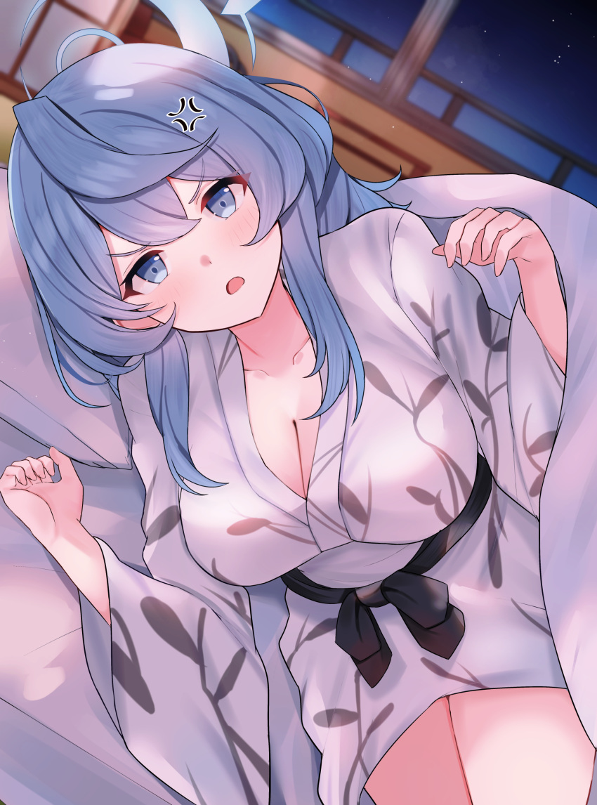 1girl absurdres ako_(blue_archive) anger_vein bed belt blanket blue_archive blue_eyes blue_hair blue_halo breasts cleavage collarbone halo highres lying mi_taro333 night night_sky on_side robe sky solo under_covers