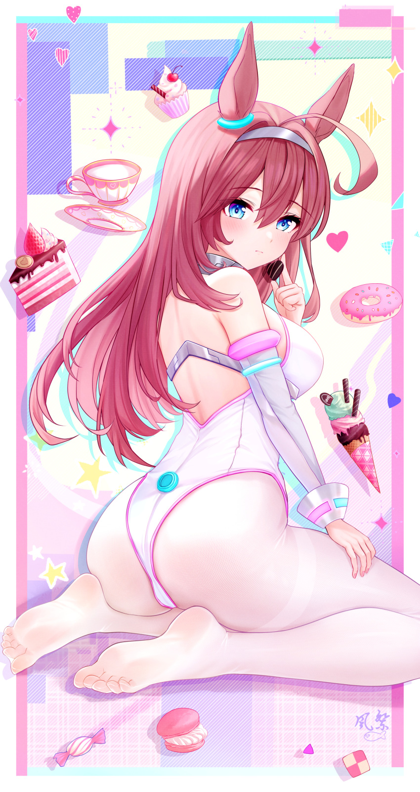 absurdres ahoge animal_ears bare_shoulders blue_eyes breasts brown_hair cake commentary_request cup detached_sleeves ear_ornament feet food hair_between_eyes hair_ornament hairclip heart highres horse_ears horse_girl ice_cream ice_cream_cone kazamatsuri_honatsu large_breasts leotard long_hair long_sleeves looking_at_viewer macaron mihono_bourbon_(umamusume) pantyhose silver_hairband sitting soles teacup toes umamusume very_long_hair wariza white_leotard white_pantyhose