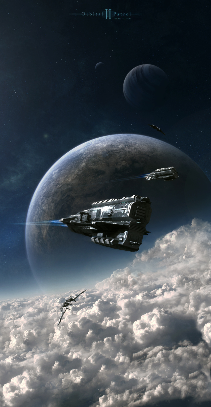 3d absurdres artist_name autodesk_3ds_max_(medium) battleship_(eve_online) caldari_state_(eve_online) camille-besneville cloud commentary eve_online fleet flying highres military_vehicle nebula night night_sky no_humans photoshop_(medium) planet realistic rokh_(eve_online) scenery science_fiction sky spacecraft star_(sky) starfighter starry_sky