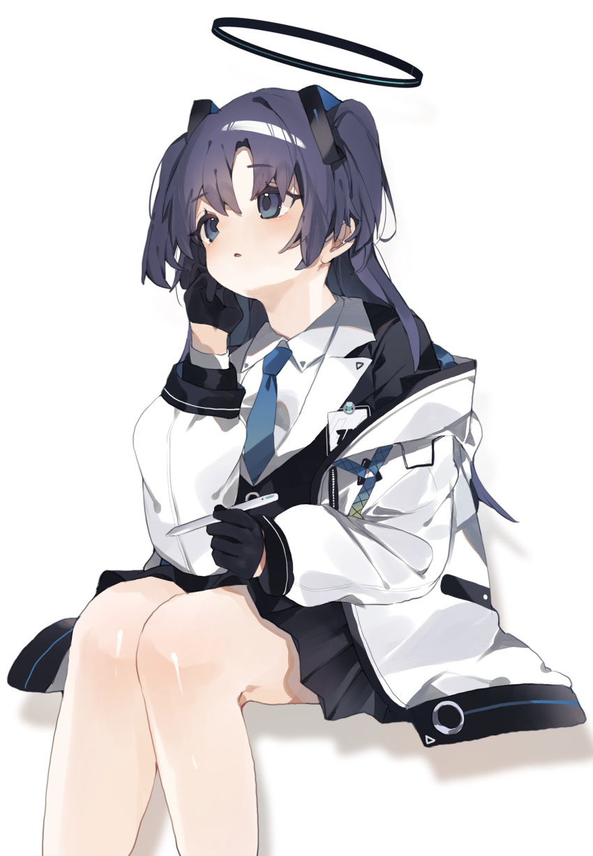 1girl :o bare_legs black_gloves black_skirt blue_archive blue_necktie blush feet_out_of_frame gloves halo higa_(gominami) highres holding holding_pen id_card invisible_chair jacket necktie pen purple_eyes purple_hair simple_background sitting skirt solo two_side_up white_background white_jacket yuuka_(blue_archive)