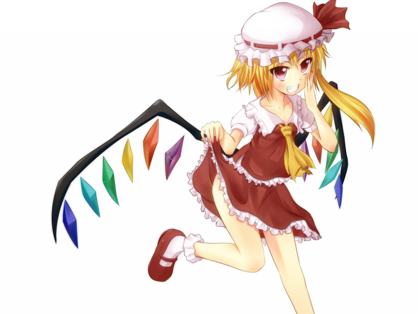 1girl ascot blonde_hair bobby_socks breasts clothes_lift collarbone collared_shirt crystal east01_06 flandre_scarlet foot_out_of_frame frilled_shirt_collar frilled_skirt frilled_vest frills hat hat_ribbon highres lifted_by_self looking_at_viewer mary_janes medium_hair multicolored_wings one_side_up open_mouth puffy_short_sleeves puffy_sleeves red_eyes red_ribbon red_skirt red_vest ribbon ribbon-trimmed_headwear ribbon_trim shirt shoes short_sleeves simple_background skirt skirt_lift skirt_set small_breasts socks solo touhou vest white_background white_hat white_shirt white_socks wings yellow_ascot