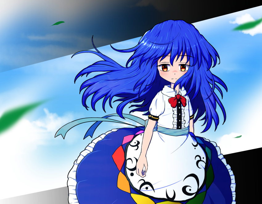 1girl apron astu_penguin back_bow blue_bow blue_hair blue_sash blue_skirt blue_sky bow bowtie buttons center_frills circle_skirt closed_mouth cloud collared_shirt commentary_request cowboy_shot day diao_ye_zong frilled_skirt frills highres hinanawi_tenshi light_blush light_frown long_hair looking_at_viewer no_headwear outdoors puffy_short_sleeves puffy_sleeves rainbow_gradient red_bow red_bowtie sash shide shirt short_sleeves skirt sky solo touhou waist_apron waist_sash white_apron white_shirt white_sleeves wind yellow_eyes