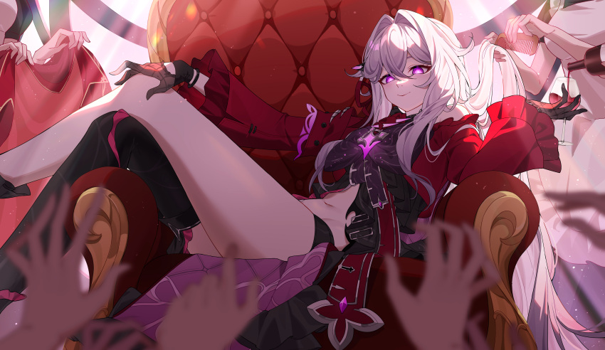 2others 3girls absurdres alcohol apron cup dress gloves grey_hair hair_ornament highres holding holding_cup honkai_(series) honkai_impact_3rd lexingrakukouu long_hair looking_at_viewer lying maid_apron multiple_girls multiple_others navel purple_eyes red_dress ribbon smile thelema_(honkai_impact) thighs wine