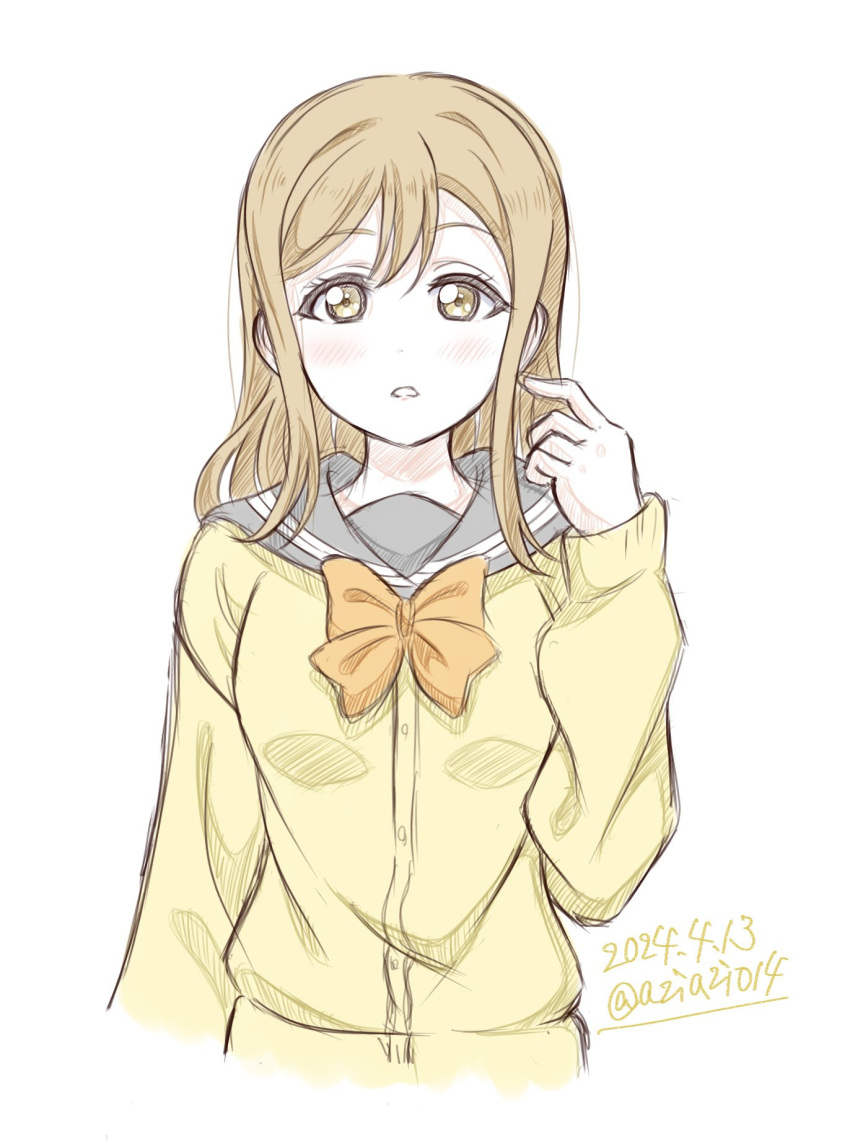 1girl aziazi014 bow bowtie brown_eyes brown_hair cardigan commentary_request cropped_torso dated grey_sailor_collar hair_between_eyes highres kunikida_hanamaru long_sleeves looking_at_viewer love_live! love_live!_sunshine!! medium_hair parted_lips sailor_collar school_uniform sidelocks solo twitter_username upper_body uranohoshi_school_uniform white_background winter_uniform yellow_bow yellow_bowtie yellow_cardigan