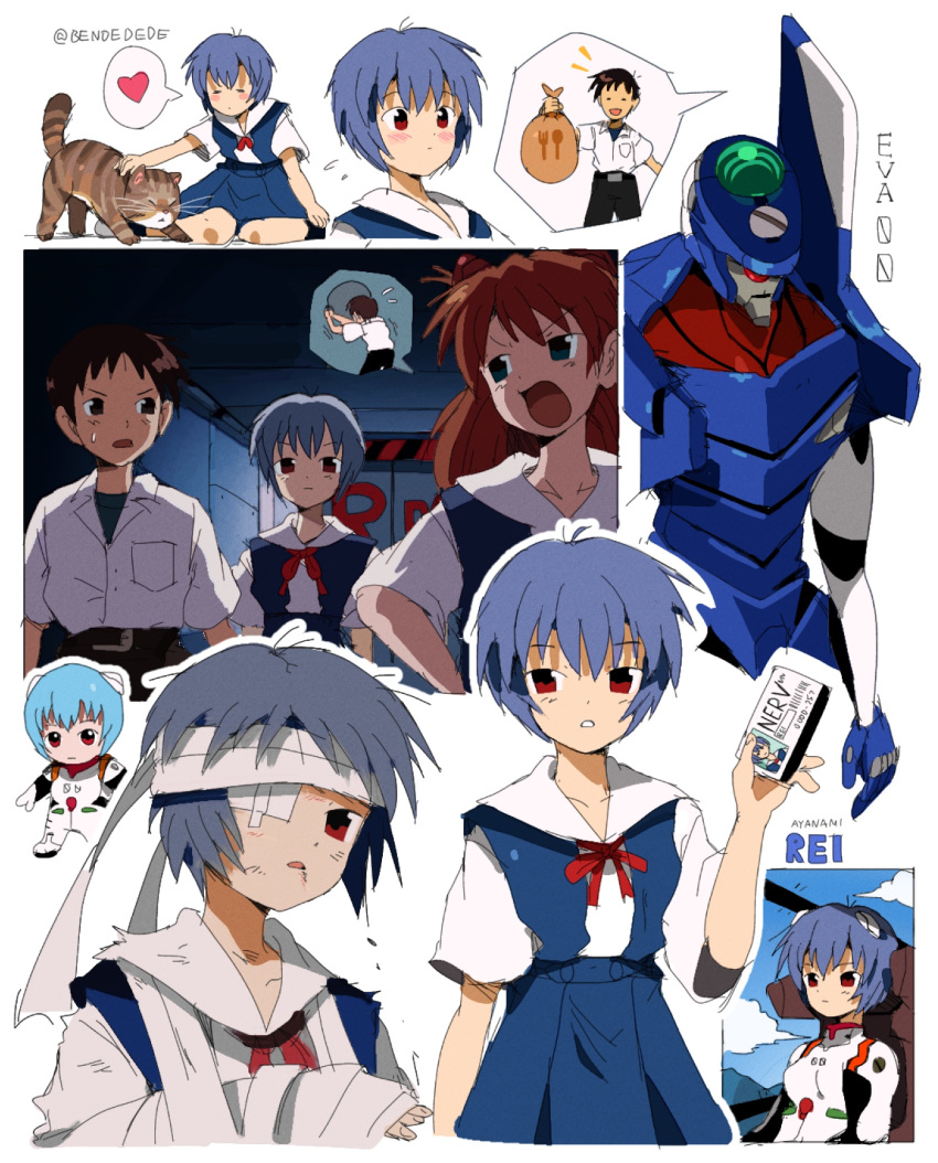 1boy 2girls arm_sling artist_name ayanami_rei bag bandage_over_one_eye bandaged_arm bandaged_head bandages bendedede black_pants black_undershirt blood blood_on_face blue_hair blue_skirt blue_sky blush bodysuit border bow bowtie breast_pocket breasts broken_arm brown_bag brown_cat brown_hair card cast character_name chibi closed_eyes closed_mouth cloud cockpit collarbone collared_shirt commentary crank door dot_nose dress_shirt embarrassed english_commentary eva_00 flying_sweatdrops full_body hair_between_eyes hallway hand_on_animal hand_up heart highres holding holding_bag holding_card holding_sack id_card ikari_shinji indoors injury long_hair looking_at_viewer mecha meme mountainous_horizon multiple_girls multiple_views neck_ribbon neon_genesis_evangelion open_mouth pants parted_lips petting pilot_suit plugsuit pocket red_bow red_bowtie red_eyes red_hair red_ribbon rei_chikita ribbon robot romaji_text sack scene_reference school_uniform shinji_crank_that_soulja_boy_(meme) shirt short_hair short_sleeves signature sitting skirt sky small_breasts solo_focus souryuu_asuka_langley spoken_character spoken_heart suspender_skirt suspenders sweatdrop t-shirt tabby_cat talking tokyo-3_middle_school_uniform torn_clothes twitter_username upper_body wariza white_background white_bodysuit white_border white_shirt