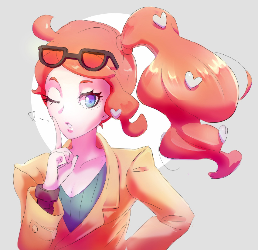 1girl absurdres aqua_eyes aqua_nails aqua_shirt breasts brown_coat cleavage coat collarbone datcravat eyewear_on_head hair_ornament heart heart_hair_ornament highres medium_breasts one_eye_closed orange-tinted_eyewear orange_hair pokemon pokemon_swsh ribbed_shirt shirt side_ponytail solo sonia_(pokemon) sunglasses swept_bangs tinted_eyewear upper_body v-neck wavy_hair