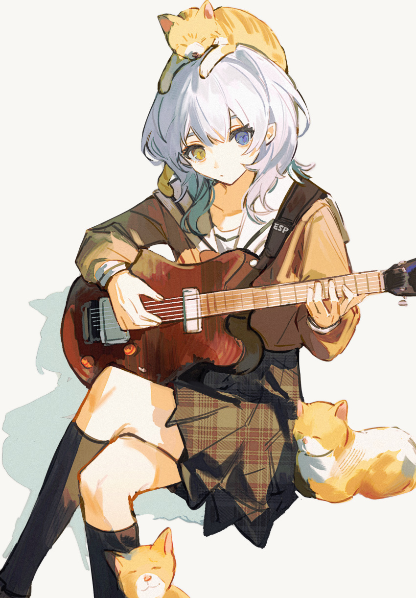 1girl animal_on_head bang_dream! bang_dream!_it's_mygo!!!!! black_skirt black_socks blue_eyes brown_shirt cat cat_on_head closed_mouth collarbone commentary guitar hanasakigawa_school_uniform heterochromia highres hikawayunn holding holding_guitar holding_instrument instrument invisible_chair kaname_raana kneehighs long_sleeves looking_at_viewer medium_hair on_head plaid plaid_skirt pleated_skirt sailor_collar school_uniform shirt sitting skirt socks solo unmoving_pattern white_hair white_sailor_collar yellow_eyes