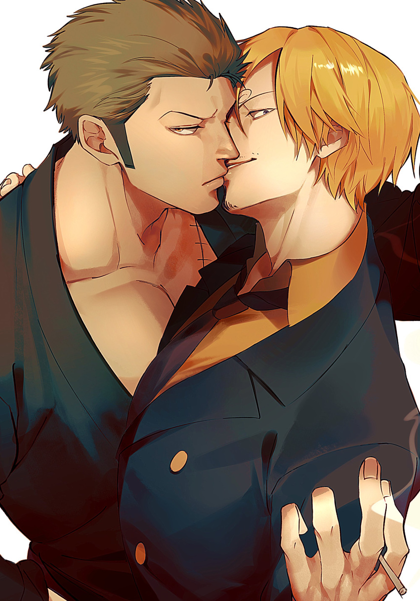 2boys absurdres blonde_hair cigarette couple facial_hair from_side green_hair highres holding holding_cigarette japanese_clothes kimono kiss looking_at_viewer male_focus mlh7q multiple_boys muscular muscular_male mustache_stubble one_piece pectoral_cleavage pectorals roronoa_zoro sanji_(one_piece) short_hair smirk stubble suit upper_body yaoi