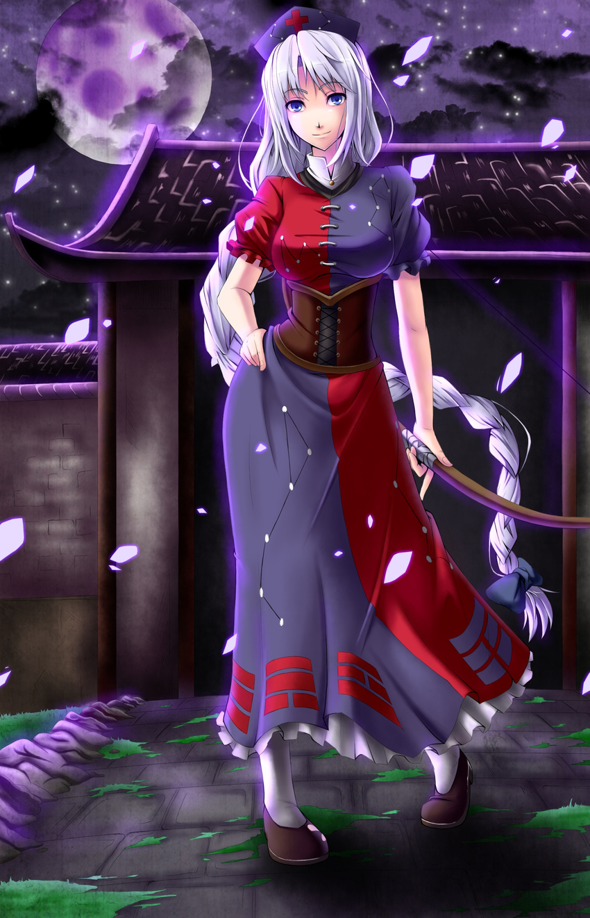absurdres blue_eyes bow_(weapon) braid breasts cloud contrapposto gayprince hand_on_hip hat highres large_breasts long_hair moon night nurse_cap shards silver_hair smile solo standing touhou very_long_hair weapon white_legwear yagokoro_eirin