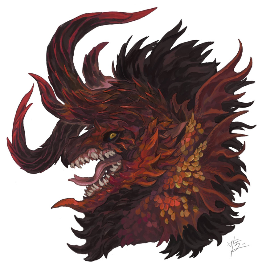 animal_focus aokarasu_punko commission dragon from_side highres horns monster multiple_horns no_humans open_mouth original portrait profile red_horns scales sharp_teeth signature simple_background skeb_commission solo teeth tongue western_dragon white_background yellow_eyes