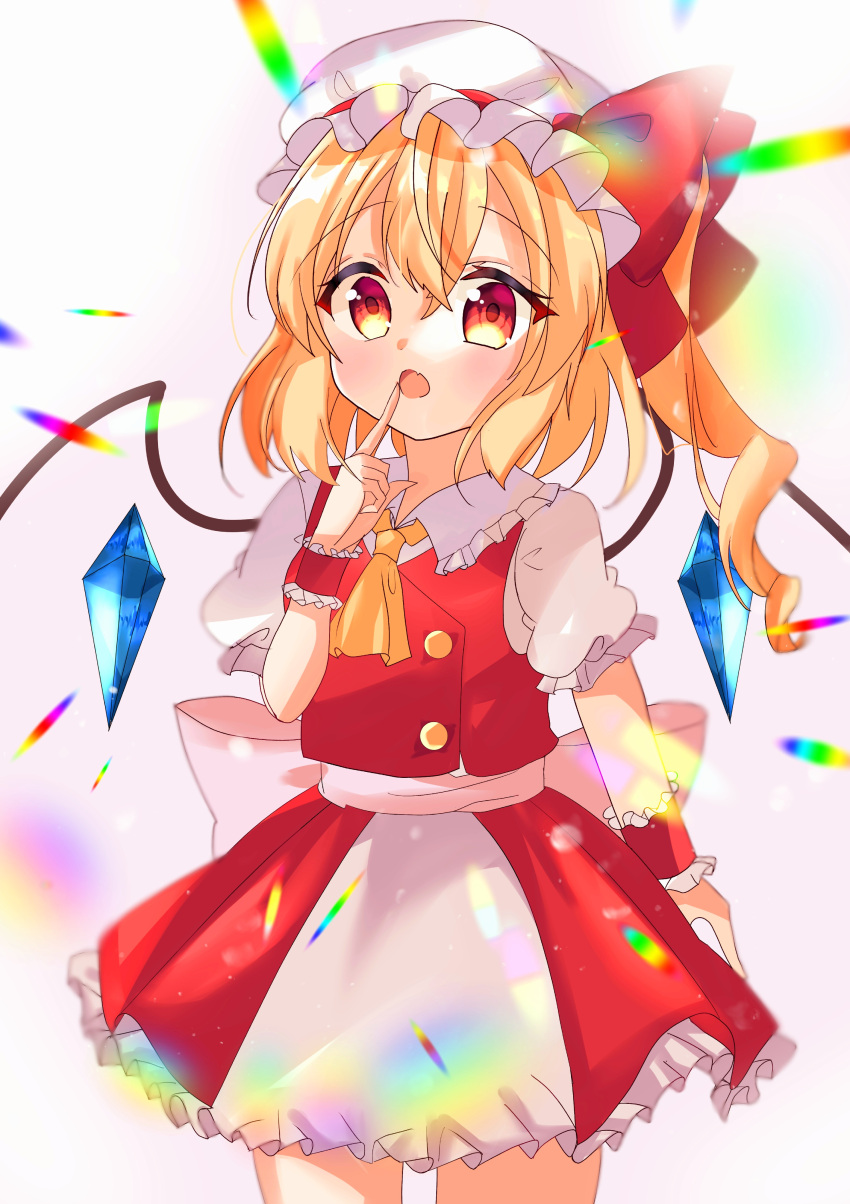 1girl absurdres ascot back_bow blonde_hair bow collared_shirt cowboy_shot crystal finger_to_mouth flandre_scarlet frilled_shirt_collar frilled_skirt frilled_sleeves frills hair_between_eyes hat hat_bow highres index_finger_raised iris_(airisu495) large_bow layered_skirt looking_at_viewer medium_hair mob_cap one_side_up open_mouth puffy_short_sleeves puffy_sleeves red_bow red_eyes red_ribbon red_skirt red_vest ribbon ribbon-trimmed_headwear ribbon_trim shirt short_sleeves simple_background skirt solo touhou vest white_background white_hat white_shirt wings wrist_cuffs yellow_ascot