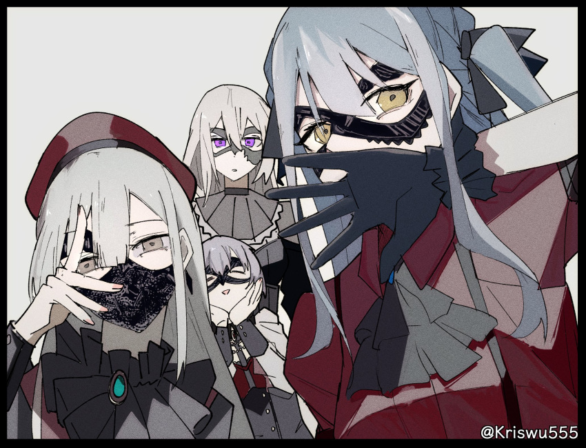 4girls ascot bang_dream! bang_dream!_it's_mygo!!!!! black_ascot black_border black_gloves black_mask black_ribbon blonde_hair blue_hair border brown_eyes collared_shirt commentary_request covering_face domino_mask gloves green_hair grey_background hair_ribbon hand_up highres looking_at_viewer mask misumi_uika multiple_girls parted_lips purple_eyes purple_hair red_hat red_shirt ribbon shirt simple_background togawa_sakiko twitter_username two_side_up wakaba_mutsumi wuwuwu_(kriswu555) yellow_eyes yuutenji_nyamu