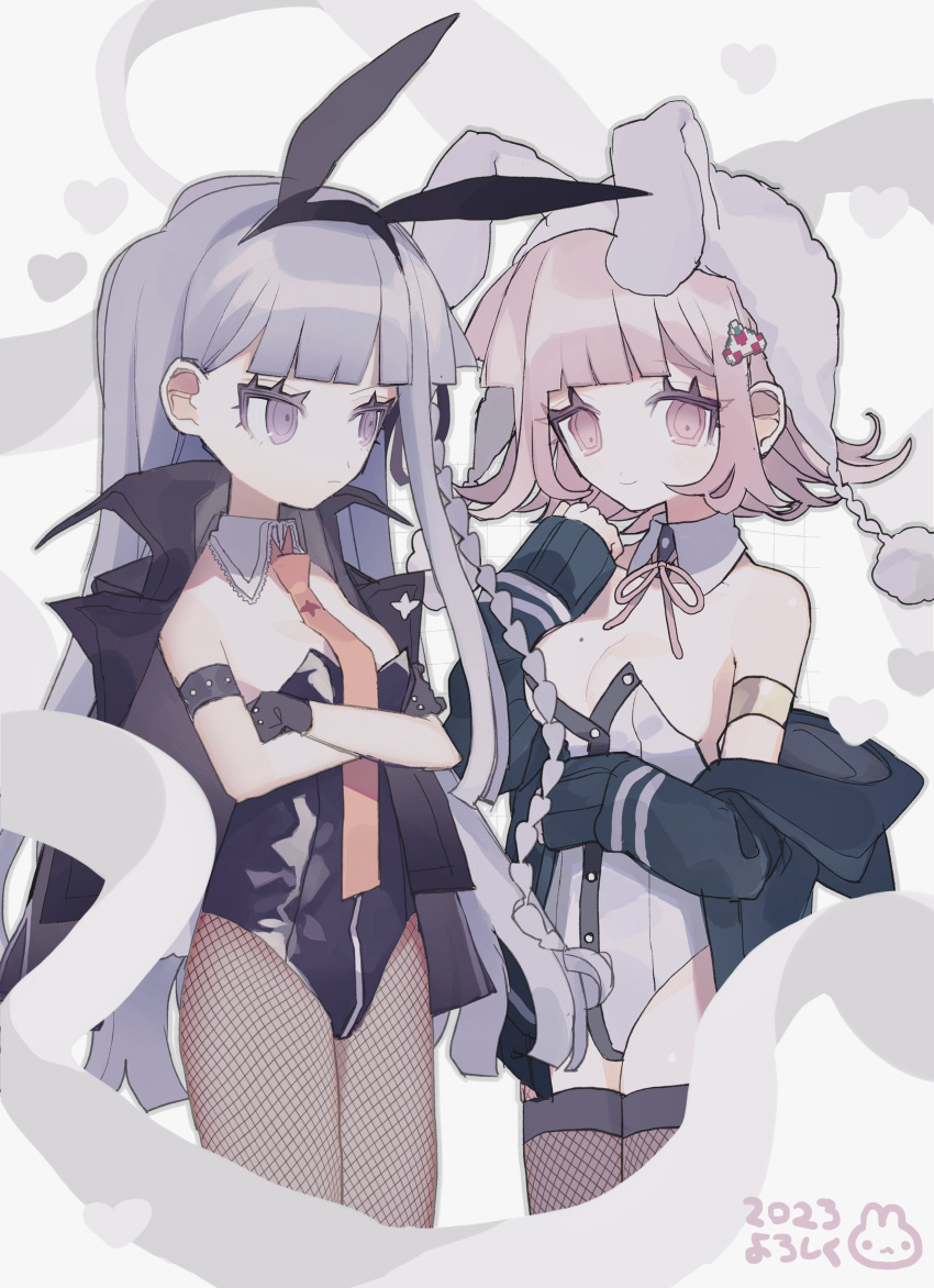 2023 2girls absurdres adapted_costume animal_ear_hairband animal_ear_headwear animal_ears beanie black_gloves black_hairband black_jacket black_leotard blue_jacket blunt_bangs blunt_ends braid breasts buttons closed_mouth coat collared_jacket commentary_request crossed_arms danganronpa:_trigger_happy_havoc danganronpa_(series) danganronpa_2:_goodbye_despair detached_collar earflap_beanie eyelashes fake_animal_ears fishnet_pantyhose fishnet_thighhighs fishnets floppy_ears fluffy galaga gloves grey_ribbon hair_ornament hairband hairclip hat heart high_collar highres hood hood_down hooded_jacket in-franchise_crossover jacket jacket_on_shoulders jacket_partially_removed kirigiri_kyoko large_breasts leather leather_jacket leotard light_frown light_smile long_hair looking_at_another looking_at_viewer low_neckline manaita_no_sake medium_breasts mole mole_on_breast multiple_girls nanami_chiaki neck_ribbon necktie orange_necktie pantyhose pink_eyes pink_hair pink_ribbon playboy_bunny purple_eyes purple_hair rabbit_ear_hairband rabbit_ears ribbon short_hair signature simple_background single_braid straight_hair strapless strapless_leotard studded_armlet studded_gloves thighhighs very_long_hair white_background white_coat white_hat white_leotard