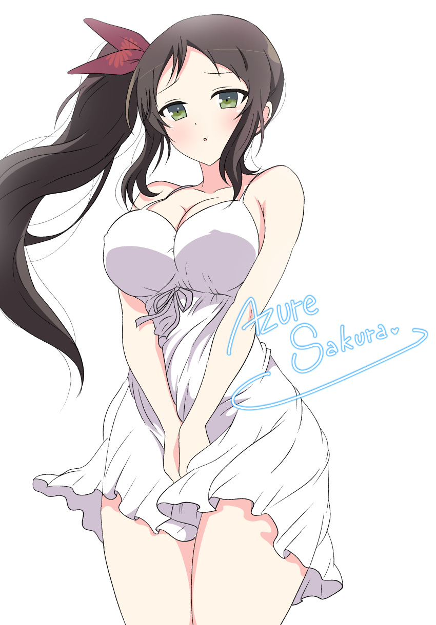 1girl :o absurdres armpit_crease artist_name azuresakura bare_shoulders blush bow breasts brown_hair cleavage collarbone dress green_eyes hair_bow hair_ribbon highres large_breasts long_hair looking_at_viewer murakumo_(senran_kagura) open_mouth ribbon senran_kagura senran_kagura_shinovi_versus short_dress side_ponytail sidelocks signature simple_background solo white_background white_dress