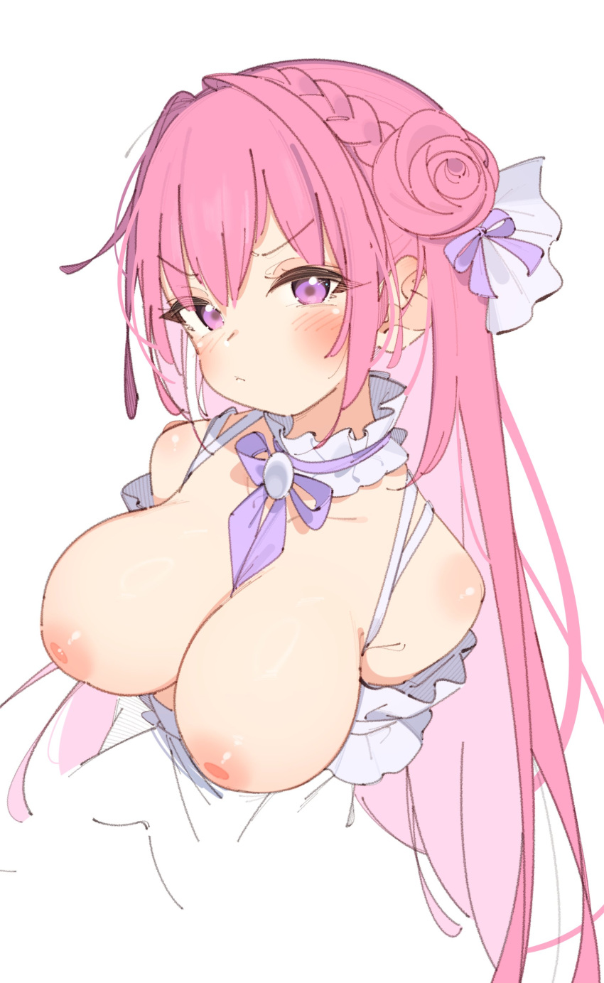 1girl absurdres between_breasts blush braid breasts closed_mouth collar crown_braid detached_collar dorothy_(nikke) dress frilled_collar frills goddess_of_victory:_nikke hair_bun highres large_breasts long_hair looking_at_viewer nipples pink_eyes pink_hair puffy_nipples purple_ribbon rasusurasu ribbon ribbon_between_breasts simple_background solo white_background white_collar white_dress