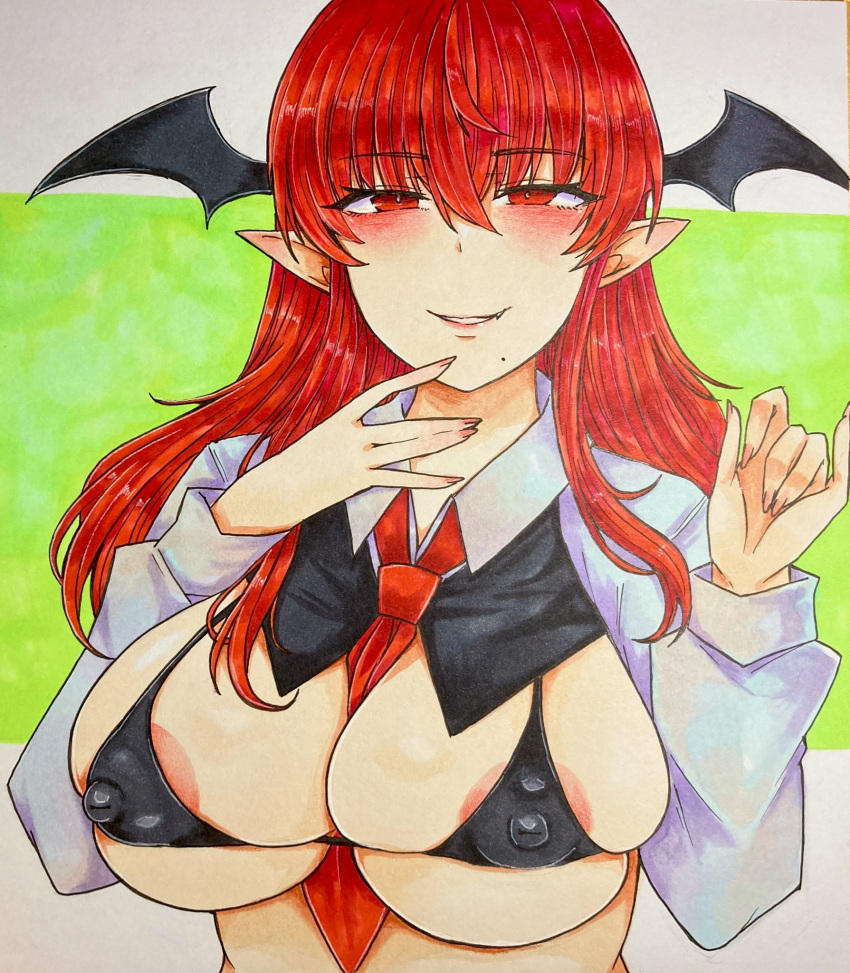 1girl areola_slip bat_wings between_breasts bikini bikini_top_only black_bikini black_vest blush breasts clothes_between_breasts collared_shirt commentary_request covered_nipples cropped_shirt cropped_vest fang fingernails hands_up head_wings highres koakuma large_breasts lips long_fingernails long_hair long_sleeves looking_at_viewer mole mole_under_mouth narrowed_eyes necktie parted_lips pointy_ears red_eyes red_hair red_necktie shirt smile solo straight_hair swimsuit teeth touhou traditional_media upper_body vest washiwa white_shirt wings