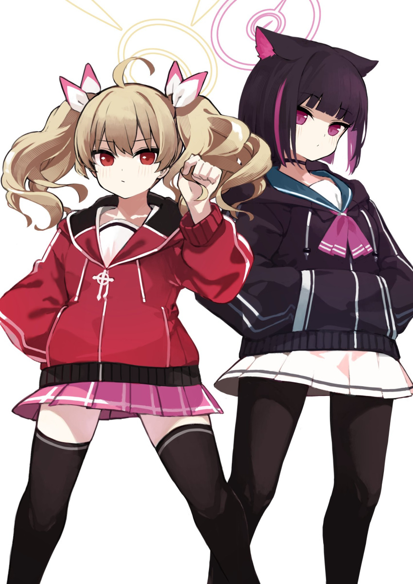 2girls animal_ears black_choker black_hair black_pantyhose black_thighhighs blonde_hair blue_archive blue_sailor_collar blush cat_ears choker closed_mouth collarbone feet_out_of_frame halo hand_in_own_hair hands_in_pockets highres hood hoodie kazusa_(blue_archive) loah_66 looking_at_viewer medium_hair multiple_girls neckerchief pantyhose pink_eyes pink_hair pink_neckerchief pink_skirt playing_with_own_hair pleated_skirt red_eyes red_hoodie sailor_collar short_hair simple_background skirt thighhighs twintails white_background white_skirt yoshimi_(blue_archive) zettai_ryouiki